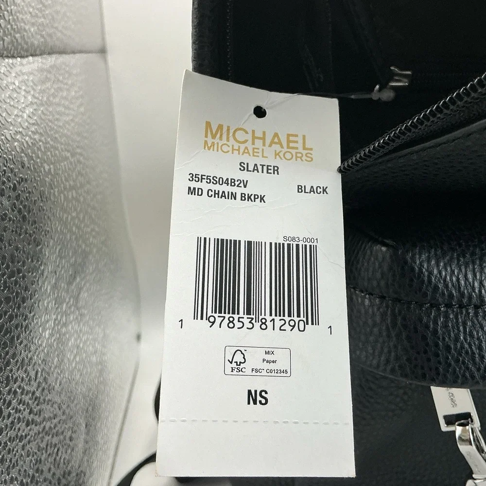Michael Kors Slater Medium Chain Backpack Black Leather Silver Hardware NWT